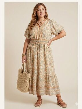 LEA Boho Muted Orange Floral Midi Dress Puff Sleeve Smocked Waist Tiered Plus 2X